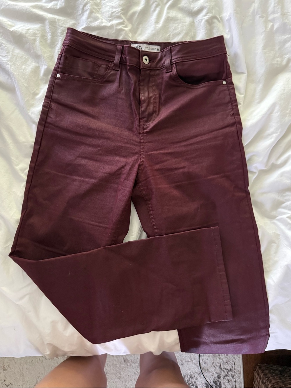 ZARA Burgundy waxed crop Jeans